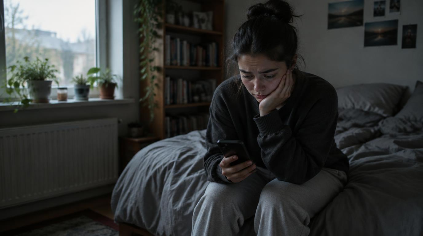 Teenage girl sitting on the edge of her bed in a dim bedroom, looking anxiously at her smartphone